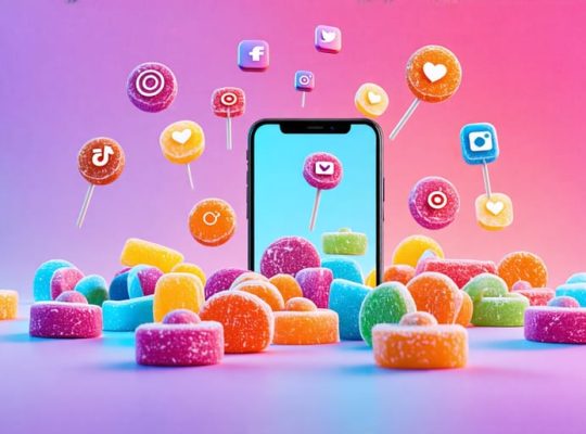 A creative depiction of freeze-dried candies and social media icons on a smartphone, representing digital marketing for confectionery.