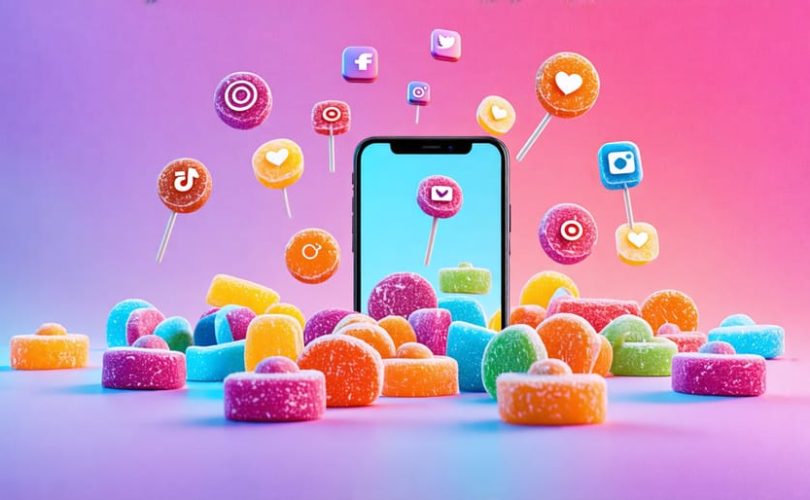 A creative depiction of freeze-dried candies and social media icons on a smartphone, representing digital marketing for confectionery.