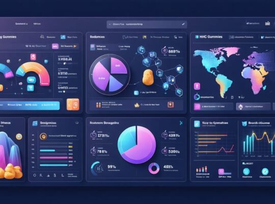 Illustrated data dashboard showcasing marketing metrics and consumer insights for optimizing HHC gummies sales, featuring demographic data, A/B testing results, and trend predictions.