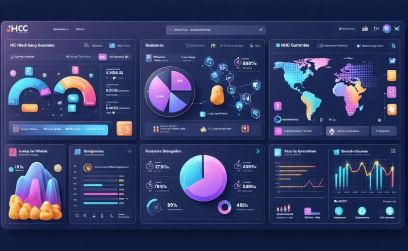 Illustrated data dashboard showcasing marketing metrics and consumer insights for optimizing HHC gummies sales, featuring demographic data, A/B testing results, and trend predictions.