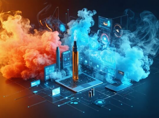 A conceptual illustration depicting a fusion of digital elements, vape devices, and analytics tools, representing the innovative marketing approaches employed by vaping brands to engage and build loyalty among consumers.