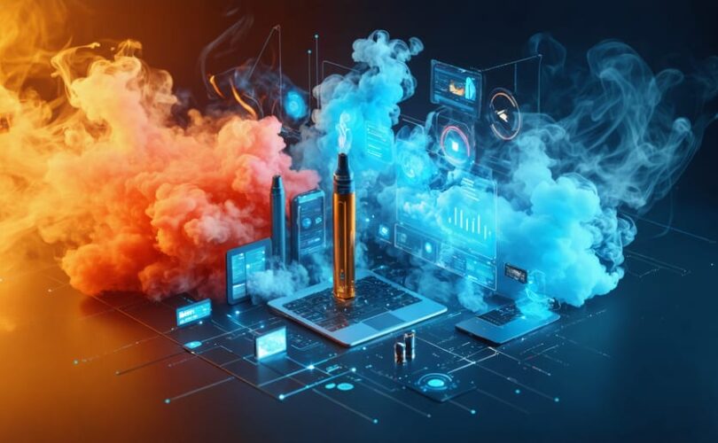 A conceptual illustration depicting a fusion of digital elements, vape devices, and analytics tools, representing the innovative marketing approaches employed by vaping brands to engage and build loyalty among consumers.